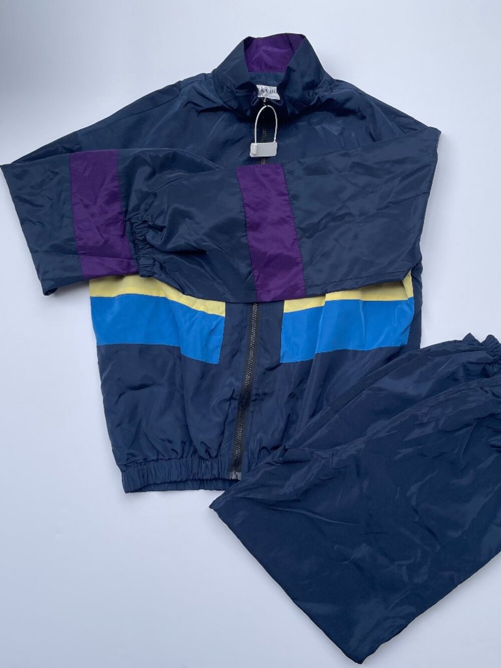 Colorblock Windbreaker Jacket & Pants Set | Size S | Navy / Purple / Yellow